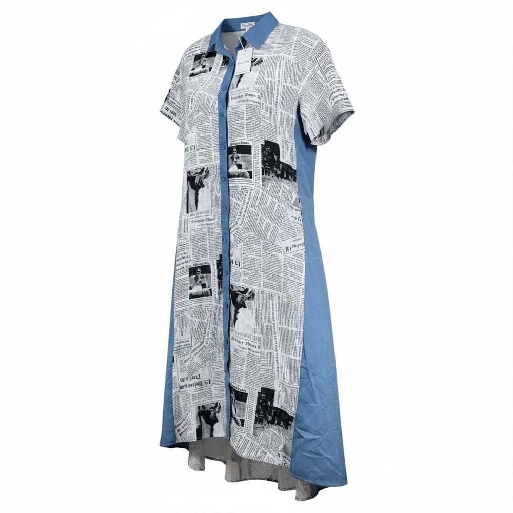 Dress Day LA Women M/L Newsprint Shirt Dress Newspaper Print Blue Colorblock Y2K